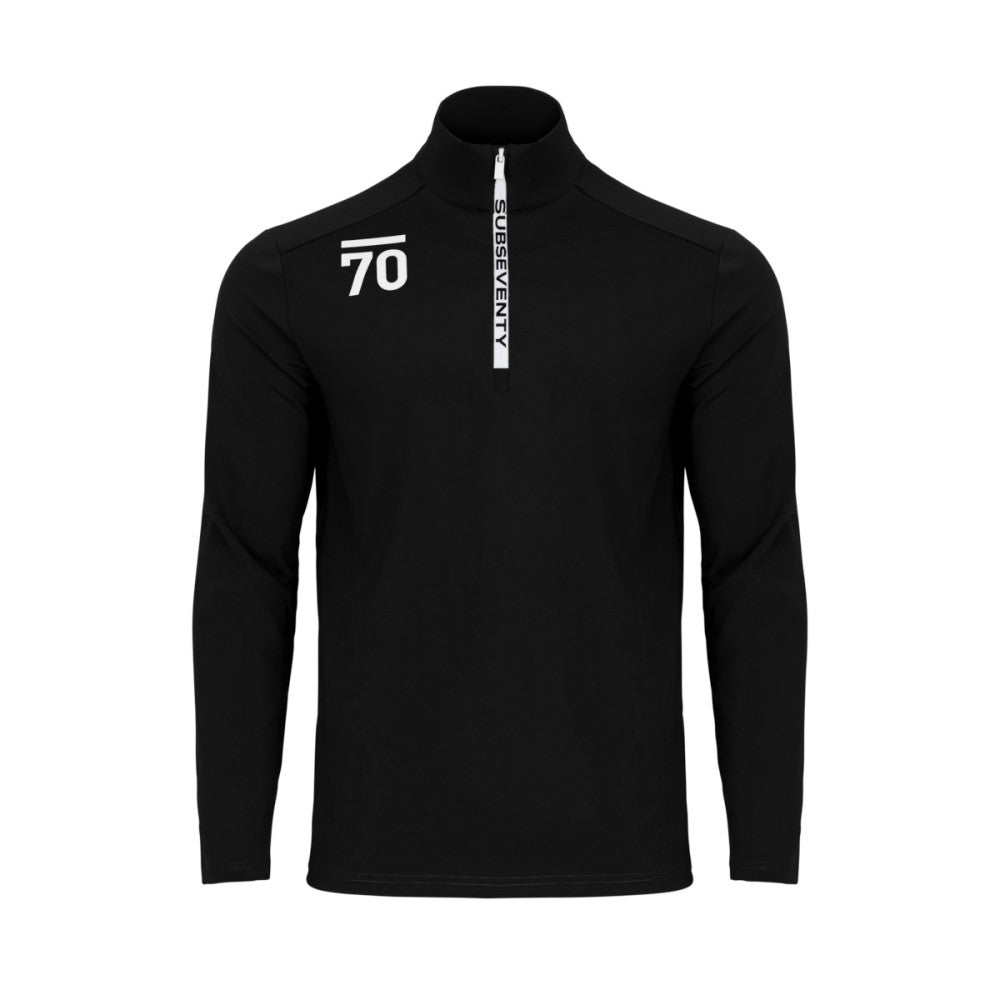 Svart Sub70 Zip Pullover i heavyweight material, visar dragkedja och passform, perfekt för golfspel i kallt väder.