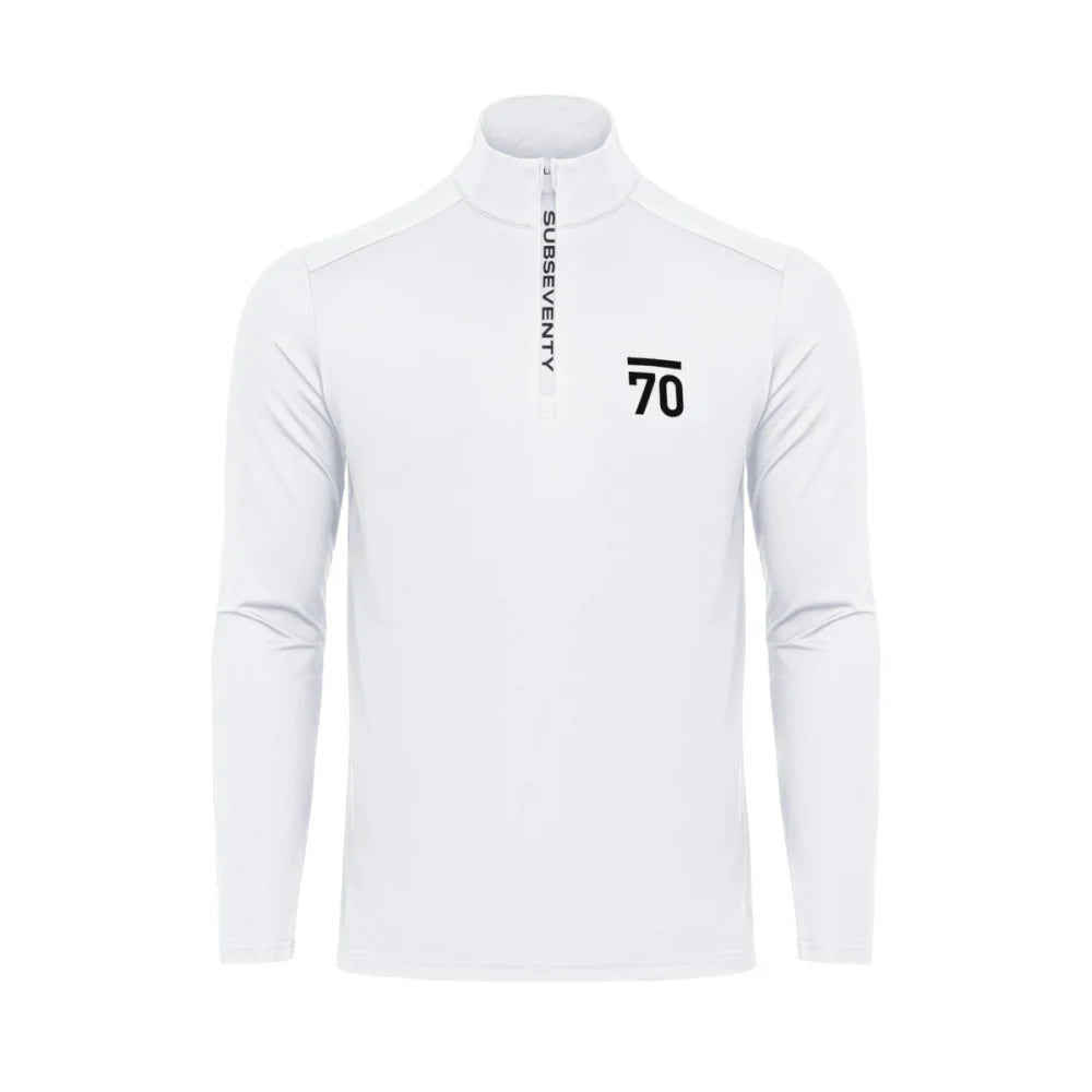 Vit Sub70 Zip Pullover Featherie för golf, visad i bild med dragkedja och sportig design.