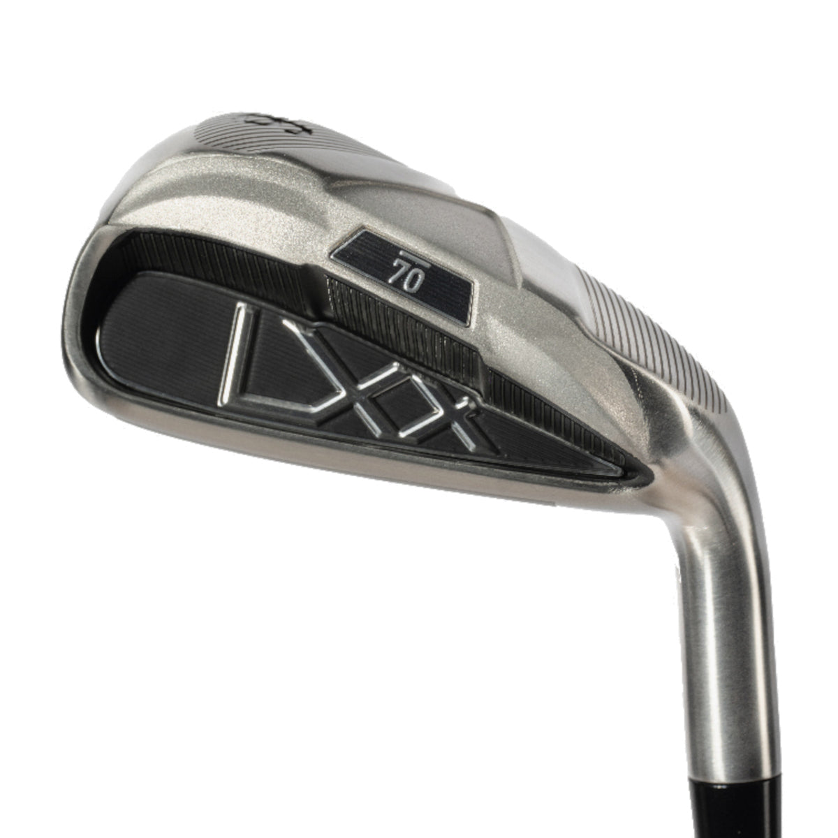 Inbjudande bild av Sub70 LXX järn från baksidan, visar klubblängd och design för golfspelare.